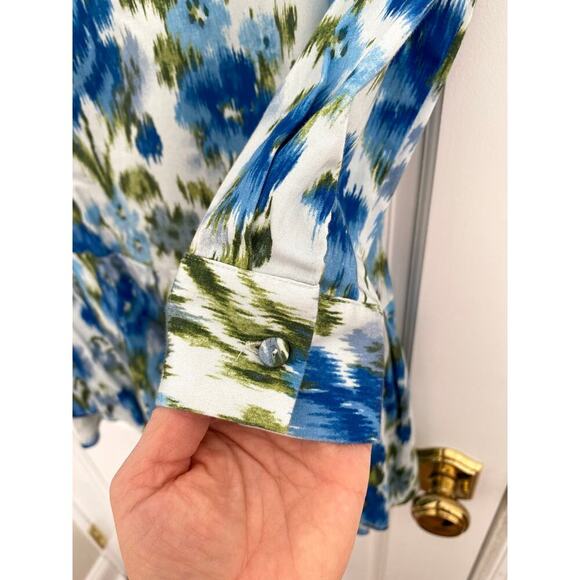 TUCKERNUCK Tate Ikat Blue Green Mini Ruffle Pleated Cotton Poplin Shirt Dress S - Picture 9 of 13